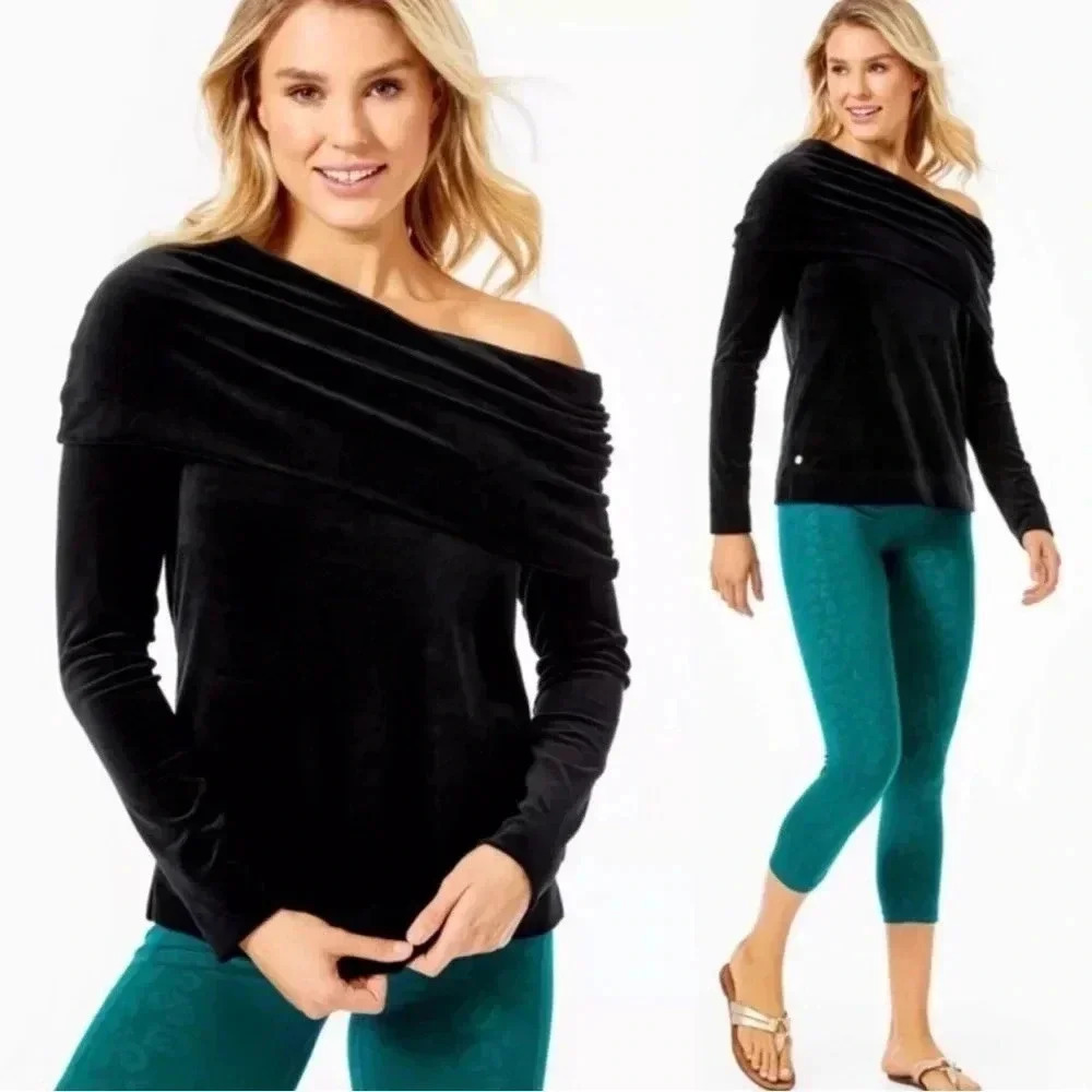 Lilly Pulitzer Belinda Off-The-Shoulder‎ Velour Sweatshirt Black Sz M